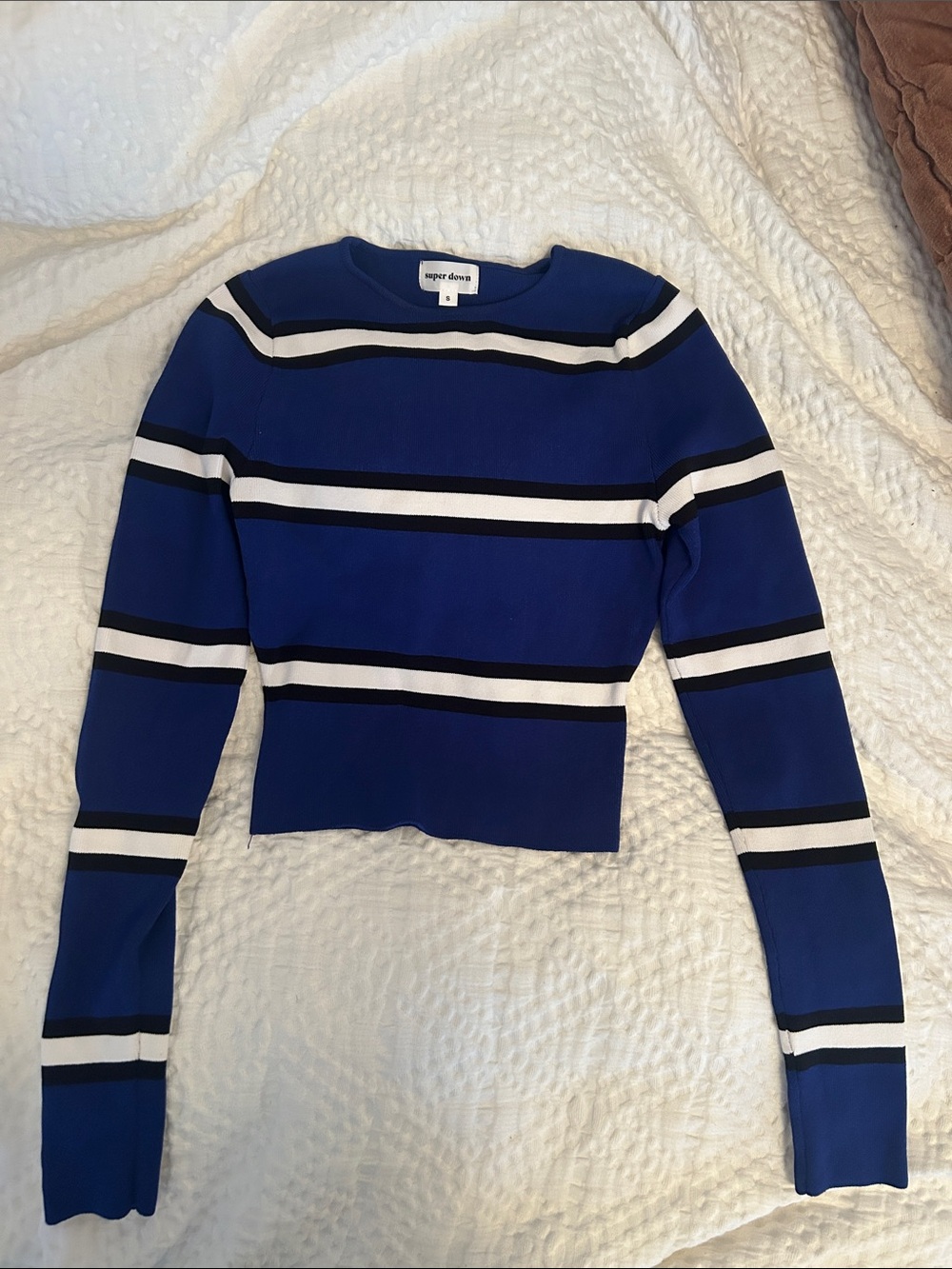 superdown Blue Black White Striped Long Sleeve Crop Sweater